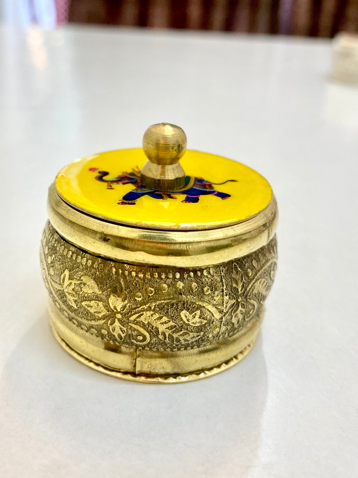 BRASS KUM KUM BOX / SINDOOR BOX 50 ML WITH YELLOW LID