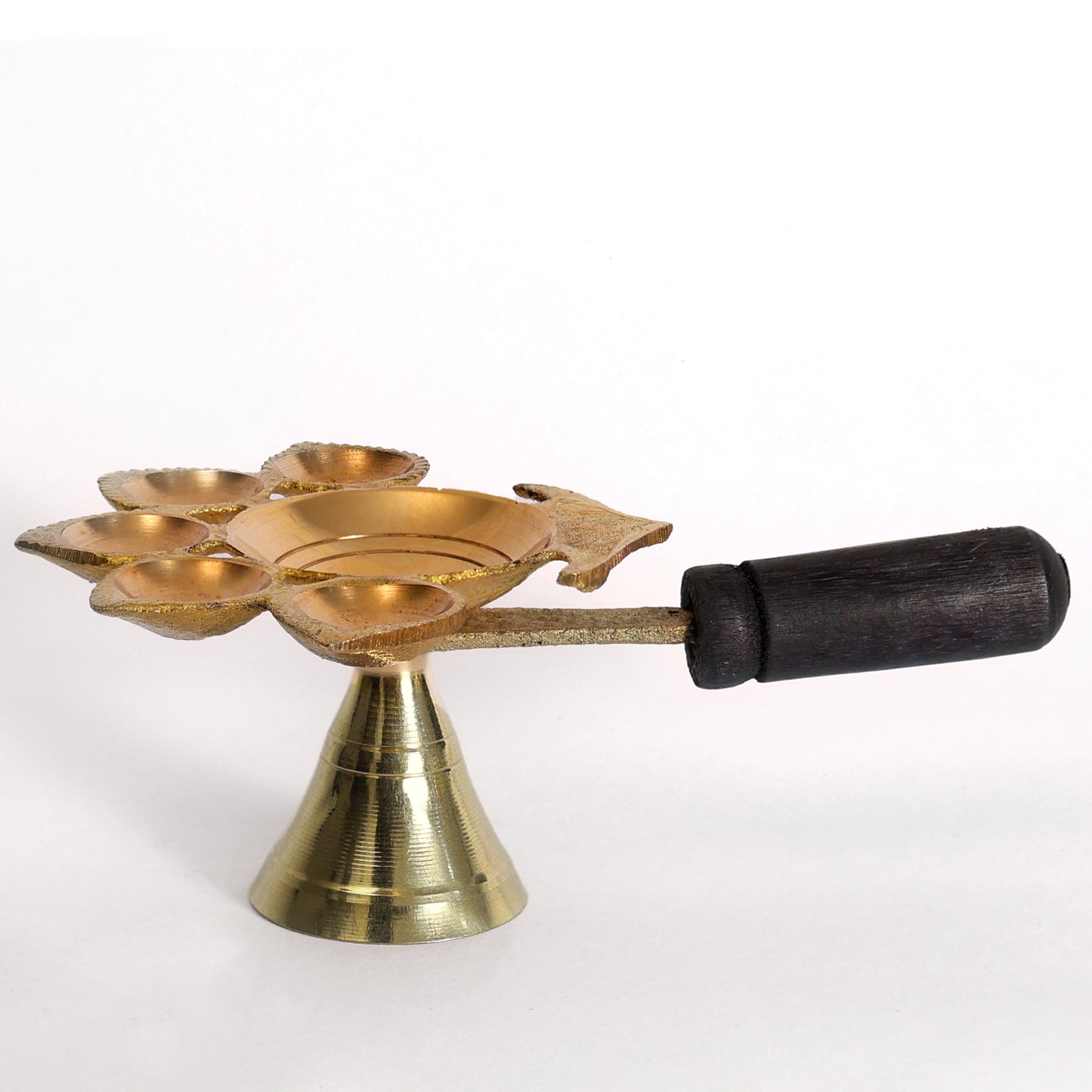Brass Pancharti Diya with Wooden Handle | Golden Aarti Lamp for Pooja & Temple