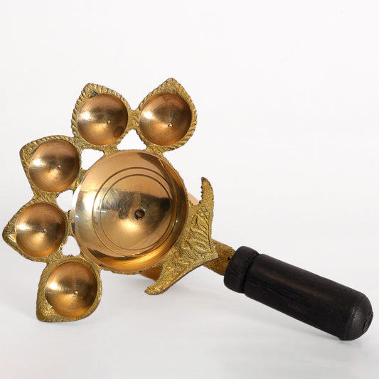 Brass Pancharti Diya with Wooden Handle | Golden Aarti Lamp for Pooja & Temple