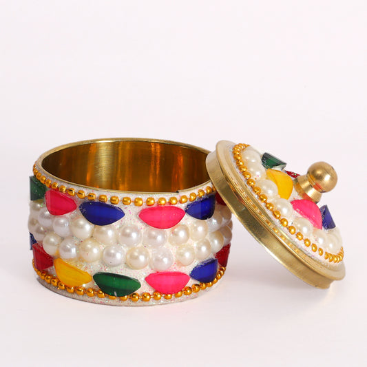 Handcrafted Brass Sindoor Box with Lid | Multi Color Moti Work |Decorative Pooja Kumkum Dabbi