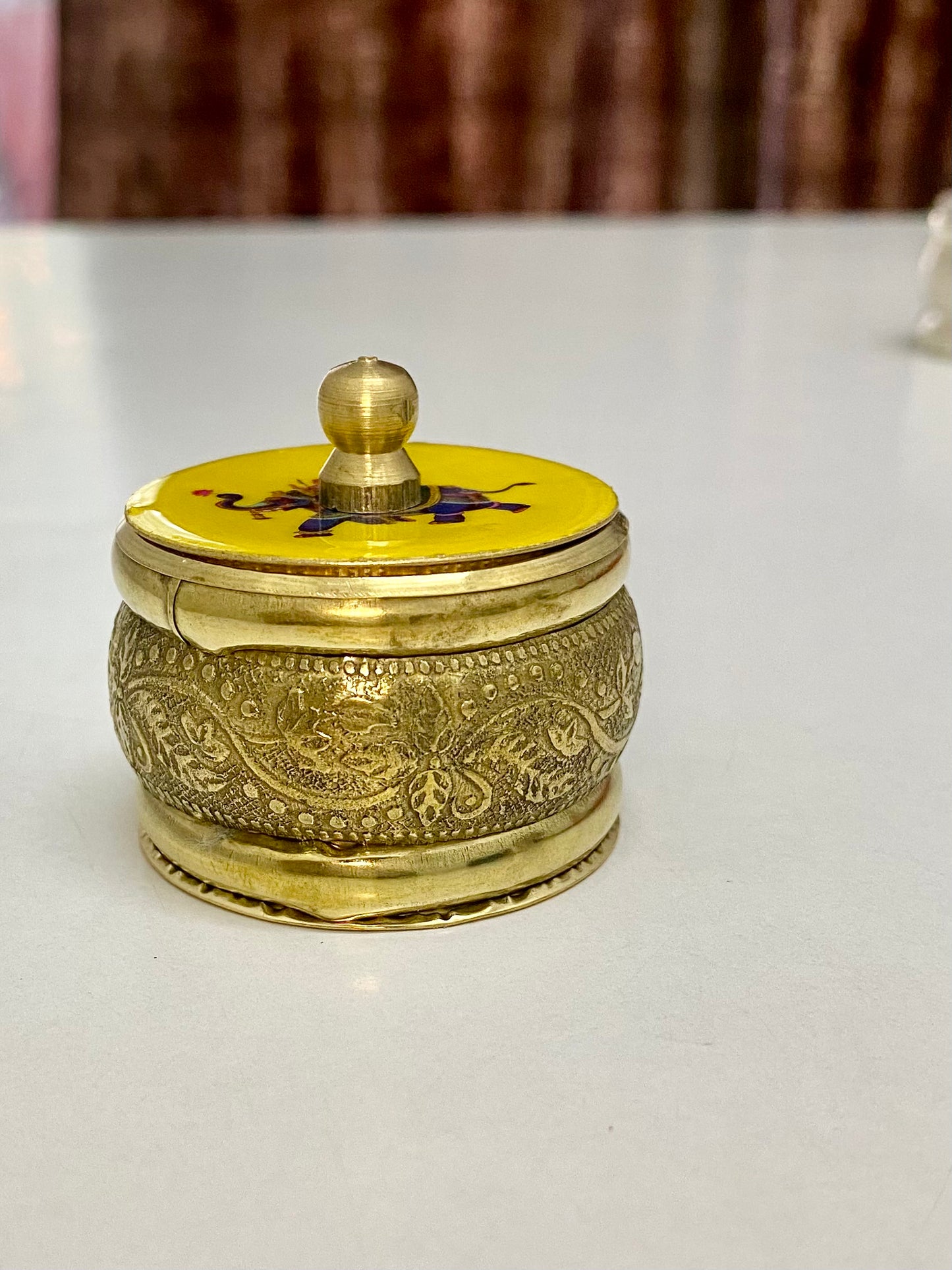 BRASS KUM KUM BOX / SINDOOR BOX 50 ML WITH YELLOW LID